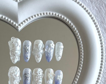 Frozen Fairy Press-on Nails – Hand-Sculpted Flower Set, Fairy Nail, 3D butterflies, Angelcore and whimsical elegance, Luxury Nail