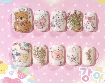 Teddy's Secret Garden Nails – Pastel Fairytale Press-On Set, Unique Cute Design, Dreamy/Nostalgic, Cottagecore Lovers, Kawaii Girly Nail