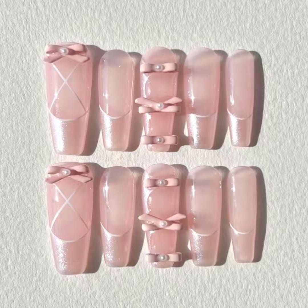 Pink Ballerina Press on Nails, Balletcore Bow Nails, Coquette Pink Nail ...