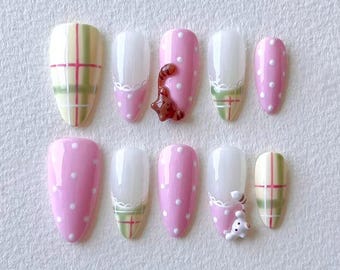 Schattige plaid Kitty pers op nagels, kawaii roze nagels, Cottagecore pers op nagels, teddybeernagels, handgemaakte gelpers op nagels