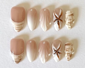 Sandy Dune Glow Press-on Nails – Summer Beach Vacation Nail, Coastal Elegance Nail, Hand-Sculpted 3D Shell & Starfish, Luxury Press-Ons