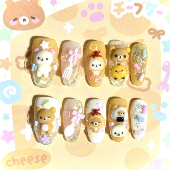 3D Cute Character Nails, Kawaii Bear Press On Nails, Handmade Press Ons, Sweet Pastel Nail Art, Japanese Style Nails, Almond Press On Nails