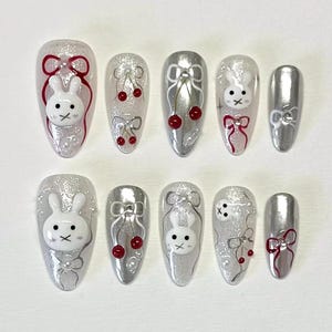 Cherry Miffy Press On Nails: Handmade Silver Glitter False Nails