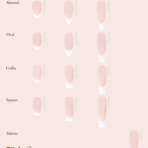 May include: A nail shape guide featuring almond, oval, coffin, square, and stiletto shapes in short, medium, long, and XL sizes. The guide includes measurements in millimeters and the text "79th Street Nails Shape Guide".