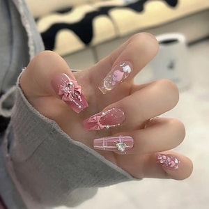Pink Rhinestones with silver bow Press on nails/ Kawaii Nails