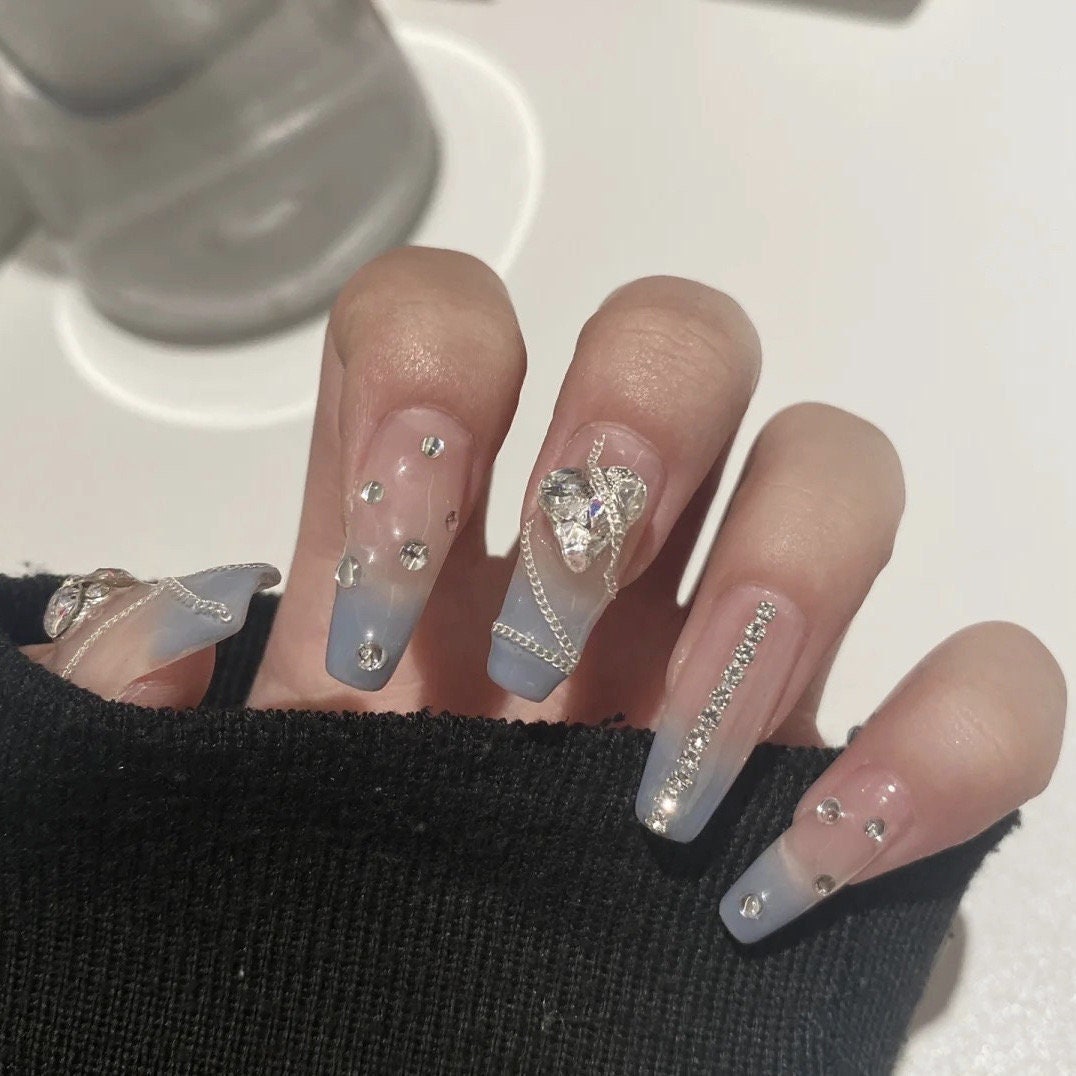 Shiny Blue Press-on Nails: Rhinestone Heart, Chain Detail - Etsy, image size:1076x1076