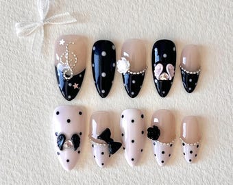 Coquette Angel Press On Nails – Black & Pink Polka Dot Nails with 3D Bows, Cute Coquette Nails, Handmade Kawaii Press Ons