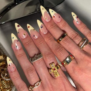 Lemon Sprinkle Press On Nails, Yellow French Tip Nails, Crystal French Nails, Summer Press On Nails, Handmade Gel Nails