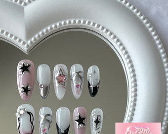 Star Girlie Nails – Handpainted Stars Nail, Pink, Black, & Silver Press-On Set, A Futuristic Mix of Y2K, Spacecore, and Edgy Glam