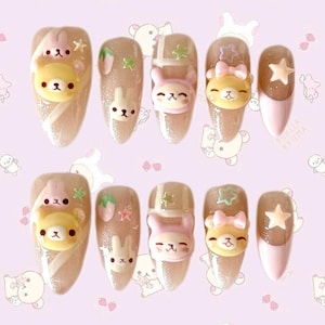 Cutesy Rilakkuma Press-On Nails – Hand-Sculpted Kawaii Bears Set, Adorable Japanese Character Nail, Pastel Pink Nails Lover, Gift for her