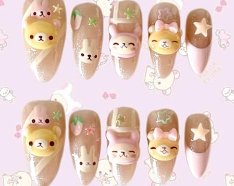 Cutesy Bear - Ensemble d'ours kawaii sculptés à la main, adorable clou de caractère japonais, amateur d'ongles rose pastel, cadeau pour elle