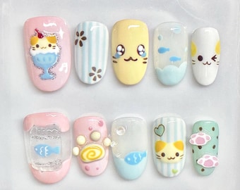 Meowlicious Café Press-On Nails – 3D Kawaii Cat Nails, Cute Fish Bowl and Paw Design, Pastel Stripes & Kitty Charms, Handmade Y2K Nails