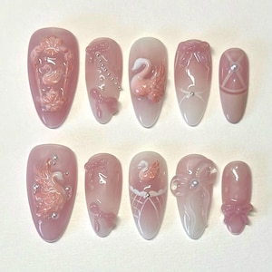 Swan Lake Press-on Nails – Romantic Set with 3D Swan Sculptures, Corset-style ballet ribbon art Nail, Perfect for Coquette/Fairytale Girly