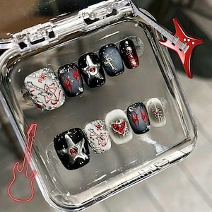 Crimson Riot Rock Nails–Original Short Black and Red Press-On Nails with Guitar, Flames, Stars & Cross | Edgy Punk Nail Art Set