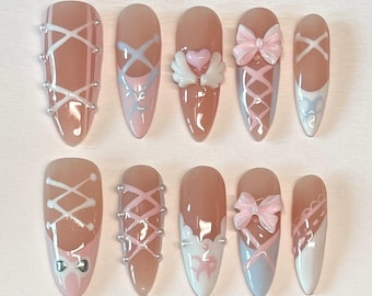 Cotton Candy Press On Nails: Handmade Pink Bow Nail Set