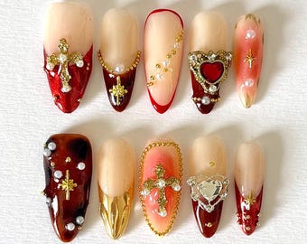 Baroque Red and Gold Press On Nails – Pearl Cross Sacred Heart Jewel Nail Set