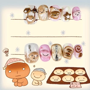 May include: A set of whimsical nail art designs featuring cartoon characters and food themes. The nails showcase various colors and textures, including brown, pink, and white, with 3D elements. The image also includes cartoon illustrations of characters and baked goods.