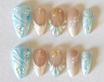 Aurora Mermaid Press-on Nails – Dreamy Ocean Elegance Nail, 3D Seashell & Pearls, Summer Vacation Vibe, Coastal Wedding, Luxury Nails