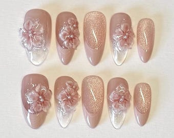 Pretty Ice Flower Press-On Nails – Hand-Sculpted Rose Blossoms and Tiny Pearl Centers, Cateye Shimmer for Everyday Glam, Luxury Nail Set