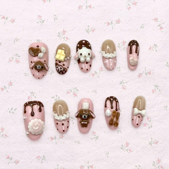 Choco Bunny Press On Nails – 3D Cute Nails, Chocolate Drip Nails, Pink & Brown Pastel Nails, Bakery Sweet Nails, Handmade Kawaii Press Ons