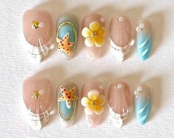 3D Starfish Press On Nails: Handmade Beach Coastal Nail Art