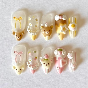 Sweet Bear Bakehouse Press-On Nails–Original Handmade Kawaii 3D Rilakkuma Nail Set with Strawberries & Ribbons