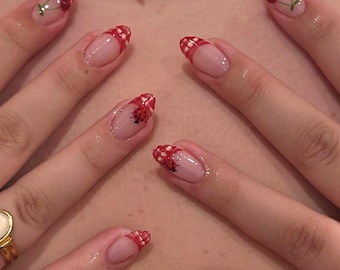 Cherry Picnic Press On Nails: Red Gingham French Tips with Ladybug