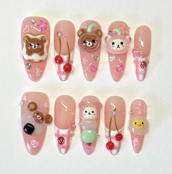 Sweets Bear Press-On Nails – Hand-Sculpted Cute Nail Art Set, Adorable Bear Characters, Red Cherry, Strawberries and Hearts Nail