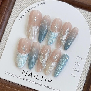 Mermaid Sea Nails – Handmade Ocean blue Summer Press-On Set, Beach Vibe Nail, Vacation/Coastal Nails, Handmade Luxury Press on, Long Almond