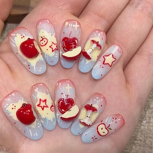 Apple Pop Fantasy Nails – Handmade 3D Apple Press-On Set, Cartoon-Style Art Nail, Unique Nail Art, Fruity Kawaii Nail