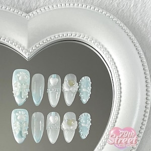 Cutie Paw Press on Nails - Kawaii Pastel Blue Almond Nail, Hearts and Bow 3D Charms, Gift for her