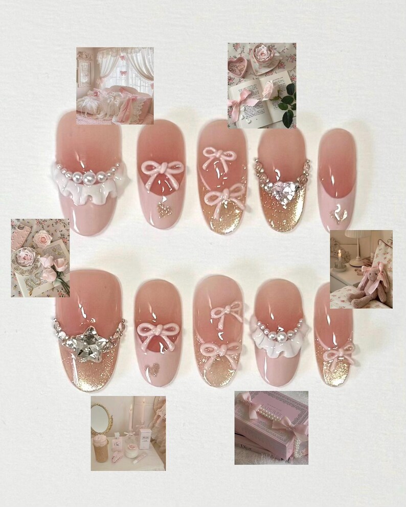 K&ouml;nnte beinhalten: Rosa und wei&szlig;e Nagelkunst mit Perlen- und Strass-Akzenten. Die N&auml;gel haben Schleifen, R&uuml;schen und Glitzer.