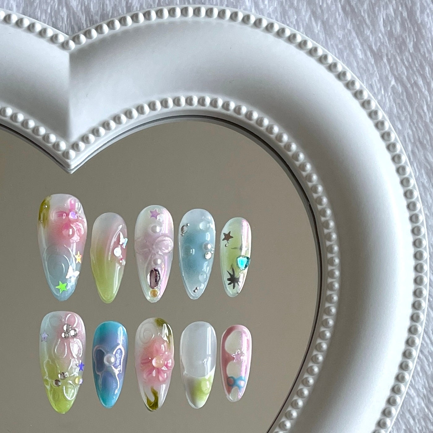 Spring Florals Nails - Dreamy Pastel Color, Hand-Crafted Flowers and Bows, Fairycore, Perfect for Spring/Summer