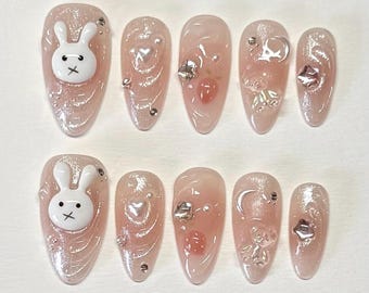 Soft Bunny Press-on Nails – Hand-Sculpted Kawaii Bunny Pastel Pink Nail, Glossy Cute & Soft Girl Aesthetic
