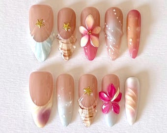 Island Blossom Press-On Nails – Tropical Flower & Starfish Design, Summer Beach Vacation Nails, Handmade Coastal Ocean Nails, Luxury Nail