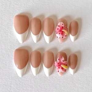 Blossom French Tip Press On Nails | Classic White French with 3D Flower | Elegant Summer Cute Nails | Handmade Reusable Press On Nail Set