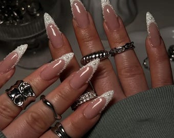 Pearl French Tip Press On Nails, Bridal Nails, Elegant Wedding Nails, White Pearl Nails, Classy Almond Press Ons