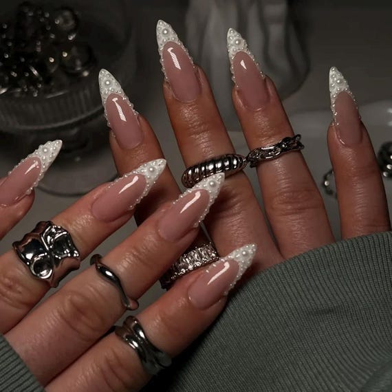 Pearl French Tip Press On Nails, Bridal Nails, Elegant Wedding Nails, White Pearl Nails, Classy Almond Press Ons