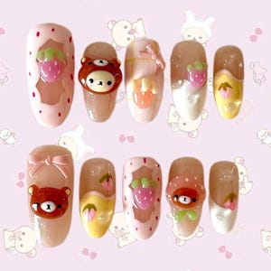 Strawberry Rilakkuma Press-On Nails – Handmade 3D Kawaii Bear Nail Art, Fruit-Inspired Pink Nails with Strawberries & Bows