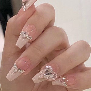 Princess Press-On Nails – Rhinestone Heart Bling Crystal Set, Luxury Nail, Perfect blend of Elegance and Glam, Pretty Girly Nail For Her