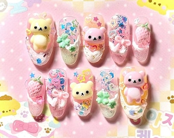 Kawaii Bear Press-on Nails – Y2k Retro Handmade Bear Nail, French Tip Cute Japanese Cartoon Nail, Sculpted 3D Bears, Glittery Set