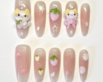 Kawaii 3D Kitten Press On Nails – Pink Paw Print, Strawberry Cat Nails, Cute Handmade Nails, Soft Girl Nail Art