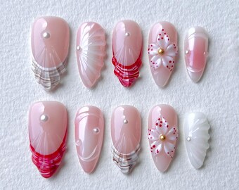Uñas postizas Coastal Blossom – Uñas rosas playeras, Uñas postizas con estampado floral costero, Uñas con perlas de concha, Uñas para vacaciones de verano, Set de gel hecho a mano