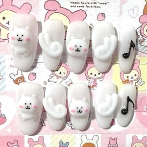 Kawaii Joke Bear Press-on Nails – 3D Sculpted Bear & Music Nail, Adorable Cartoon Set, Kawaii Aesthetics, Handmade Cute Nails, Harajuku/Y2k