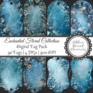 Blue Floral Scrapbook Tag Digital Set Vintage Flower Scrapbooking Tags Junk Journal Ephemera Craft Supplies Printable Kit