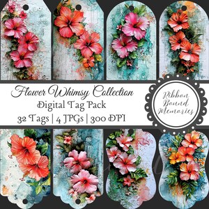 Hibiscus Scrapbook Tag Digital Set Tropical Flower Whimsy Scrapbooking Tags Junk Journal Ephemera Craft Supplies Printable Kit Summer