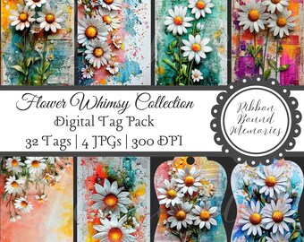 Daisy Scrapbook Tags, Floral Junk Journal Ephemera (Digital Set)
