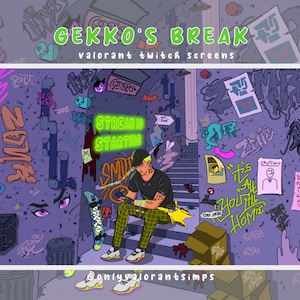 May include: A digital illustration of a character wearing a green and black checked shirt sitting on a set of stairs. The character is holding a skateboard and has green hair. The background is a purple wall with graffiti and the text "GEKKO'S BREAK" and "valorant twitch screens".