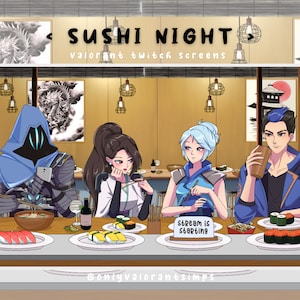Valorant Sushi Night Twitch Screen, Valorant Twitch Omen Sage Jett Yoru Screen, Valorant Twitch Screens, Valorant Twitch overlays
