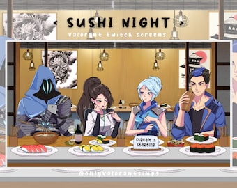 Valorant Sushi Night Twitch Screen, Valorant Twitch Omen Sage Jett Yoru Screen, Valorant Twitch Screens, Valorant Twitch overlays